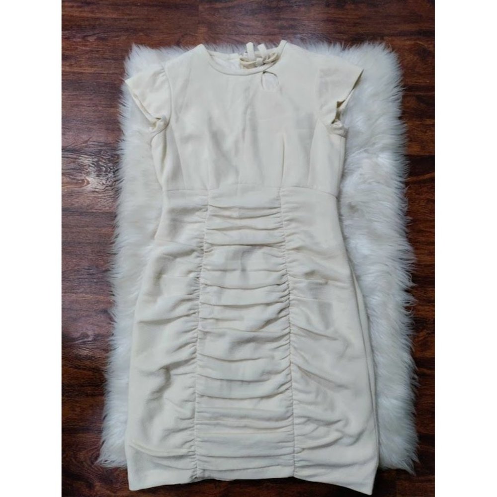 Nanette Lepore Cap Sleeve Bow Ruched Gathered Mini Dress Cream Women's Size 10